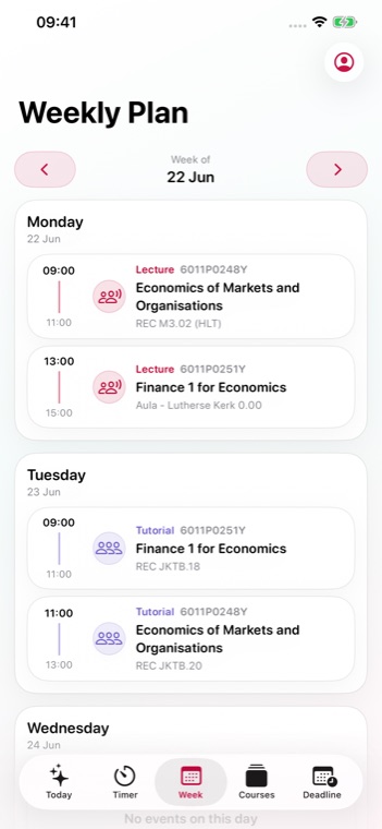 UniPilot weekly calendar screenshot